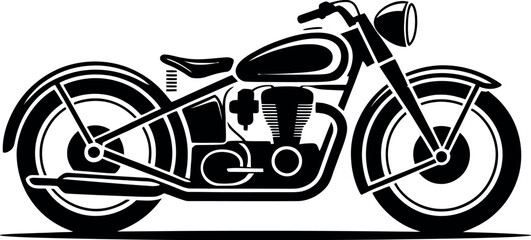 A classic black and white silhouette of a vintage motorcycle is depicted.