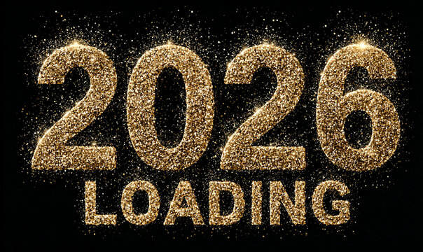 Golden glitter "2026 LOADING" text on black, celebrating future anticipation. Perfect for new year, countdowns, progress, and upcoming events. Sparkle and excitement for 2026.