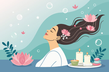 Spa center service flat vector illustrations set. Beauty salon visitors and workers cartoon characters. Wellness center procedures and equipment pack. Hot stone massage, foot bath and facial masks.