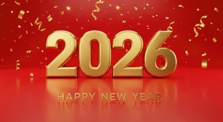 Golden year number two thousand twenty six with confetti on a red happy new year background