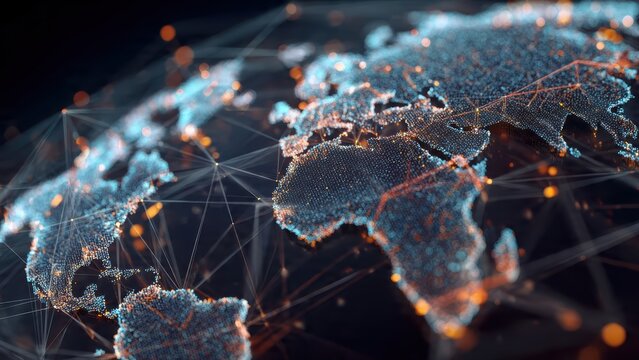 A digital representation of a global map with interconnected nodes and lines, illustrating a network of data and connections across continents.