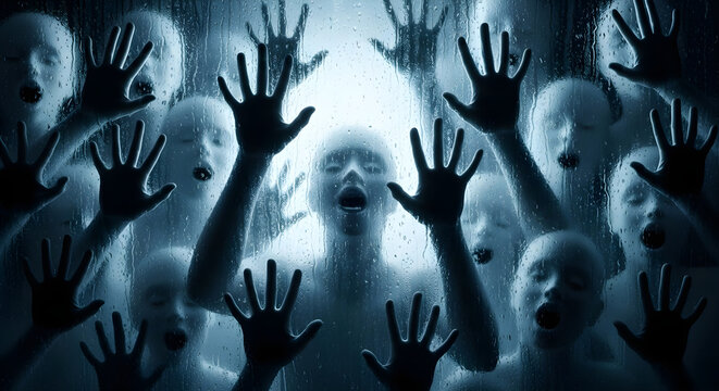 Silhouettes of women behind glass or film surrounded by hands casting shadows on a white background. Horror banner concept for spooky season, Halloween, scary film poster with copy space.