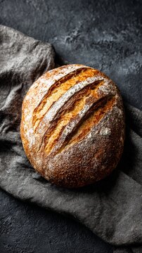 Artisan sourdough bread with golden crust and rustic scoring, resting on a textured gray cloth against a dark stone background, showcasing traditional baking craftsmanship