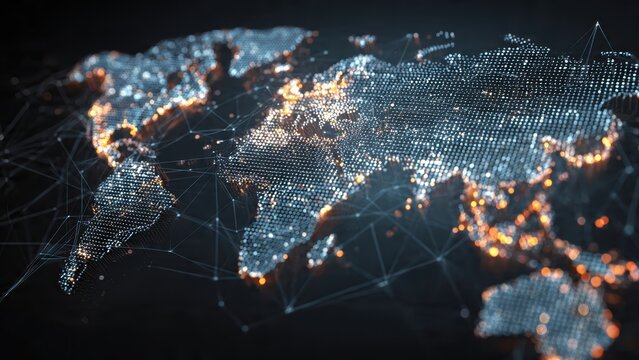 A digital world map with interconnected lines and glowing points, representing global connectivity and technology.