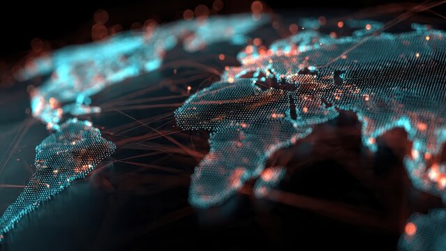 A vibrant, digital representation of a world map, showcasing interconnected data points and networks across continents in glowing blue and orange tones.