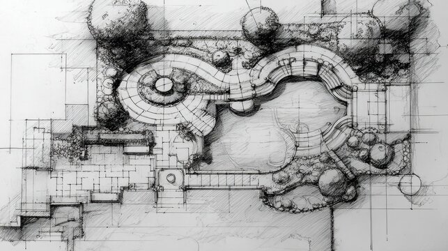 Hand drawn landscape plan showing an overhead view of a backyard with swimming pool, winding paths, shaded trees, patios and hardscape elements for outdoor living design