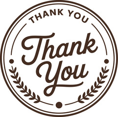 A decorative circular stamp with the words Thank You inside, encircled by laurel leaves.