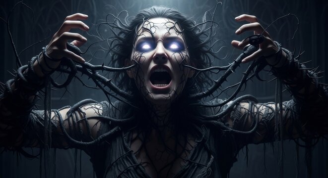 Woman with glowing eyes and dark tendrils on her face and body. Concept of inner darkness, evil, transformation, or demonic possession cinema banner template with copy space.