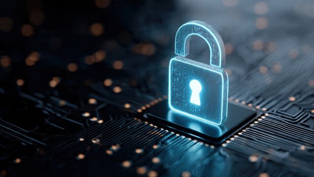 A digital padlock icon appears on a circuit board, symbolizing cybersecurity and data protection in a high-tech environment.