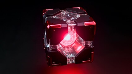 The futuristic cube with metallic crimson red and matte black corners rotates to reveal a pulsating red orb power core - Powered by Adobe