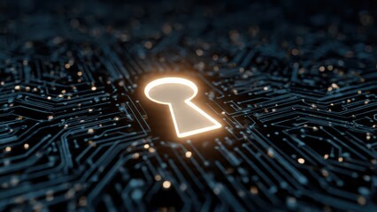 A glowing keyhole amidst a dark, intricate circuit board pattern, symbolizing security and technology.