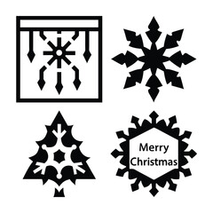 Four black and white christmas icons including snowflakes and tree
