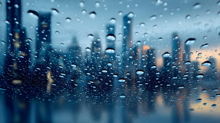 Raindrops on window blurring city skyline at dusk