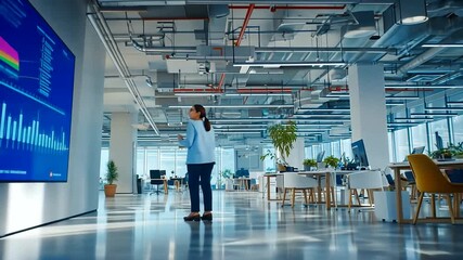 Woman walks past large data screen in bright, modern open-plan office space