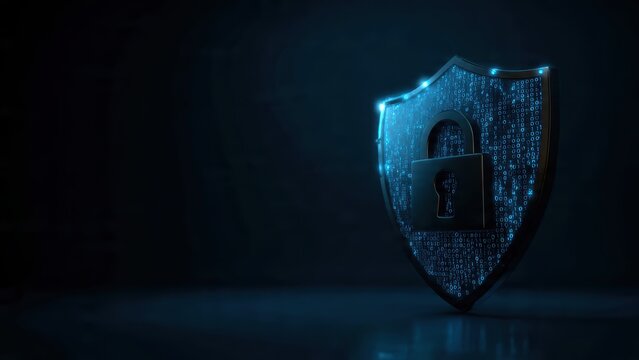 A digital shield with a padlock symbolizes cybersecurity, featuring glowing binary code against a dark background.
