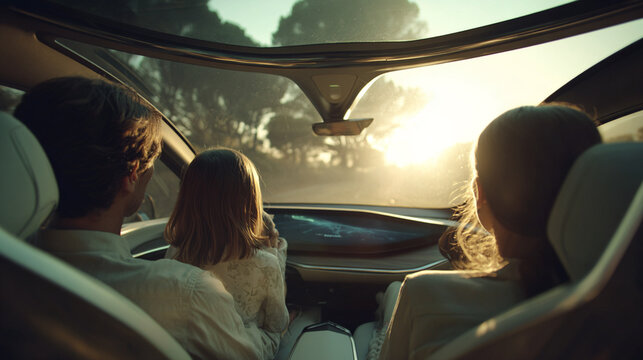 A family enjoying a road trip in a self-driving electric car, futuristic interior view.