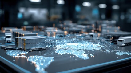 A digital map highlighting global shipping routes, with containers and trucks, illustrating logistics and supply chain connections.