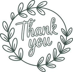 A circular wreath design with the words 'Thank you' written in elegant script inside.