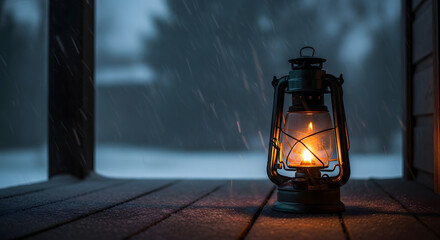 Vintage lantern light on a snowy porch during a storm, A warm glow in the darkness: The nostalgic charm of a kerosene lamp on a winter night