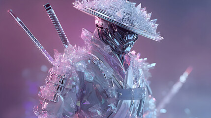 Cyborg samurai warrior wearing crystallic armor and hat