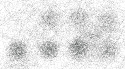 Abstract black line scribble art forms swirling shapes on a clean white canvas, presenting a chaotic yet strangely mesmerizing interplay of strokes and void for modern digital art