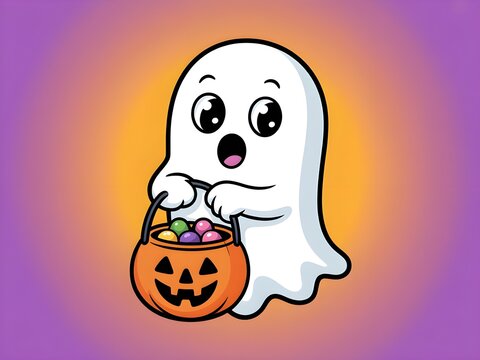 Cute cartoon ghost holding a jack o lantern candy bucket full of treats