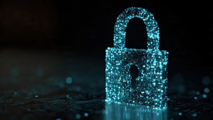 A glowing digital padlock made of particles, symbolizing cybersecurity and data protection against a dark, tech-themed background.