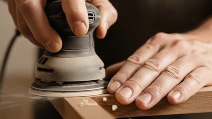 Craftsman focusing on woodworking while sanding a wooden surface in a workshop
