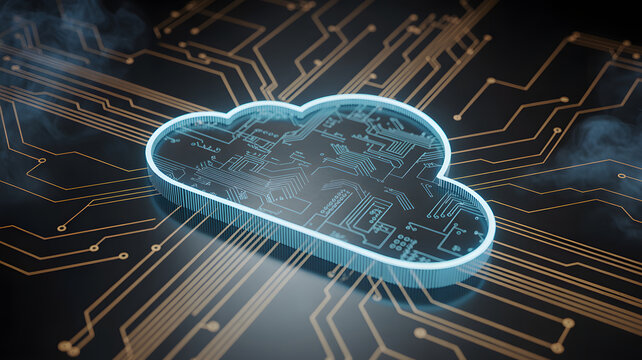 Futuristic cloud computing visualization with circuit board texture highlighting data storage and innovative technology solutions for global business needs - Powered by Adobe