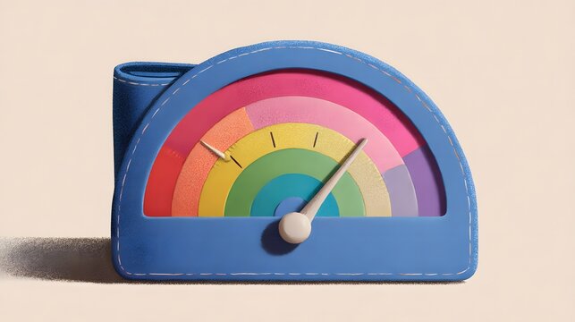 Stylized representation of a financial gauge featuring a rainbow scale inside a blue leather-like holder