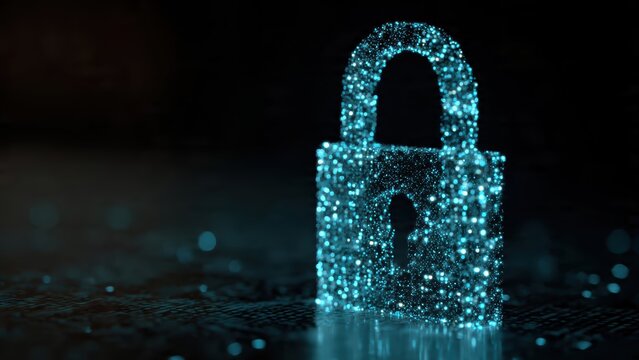 A glowing digital padlock made of particles, symbolizing cybersecurity and data protection against a dark, tech-themed background.