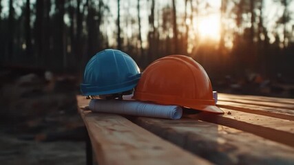 Construction hard hats blueprints wooden planks outdoor building site safety planning development sun flare golden hour - Powered by Adobe