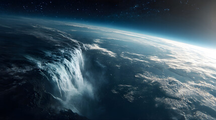 Naklejka premium Planet earth edge with waterfall falling into space