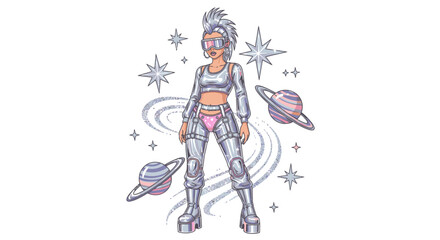 Futuristic Space Girl with Holographic Outfit and Cosmic Background.