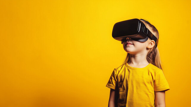 Child in virtual reality glasses on yellow background, copy space.