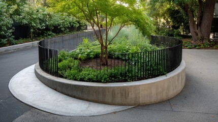 Landscaped modern garden with circular concrete raised planter and central tree, enclosed by curved vertical metal fence beside an asphalt driveway, clean minimalist outdoor design