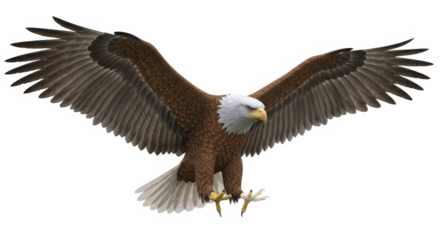 Majestic bald eagle in flight with wings spread wide showing detailed feathers isolated on white background