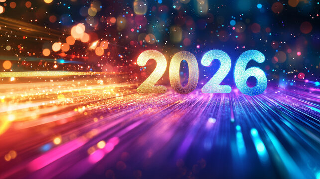 
Multicolored "2026" numbers with sparkling glitter and light trails, festive abstract background.