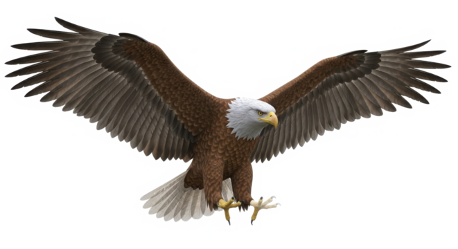 Majestic bald eagle in flight with wings spread wide showing detailed feathers isolated on white background