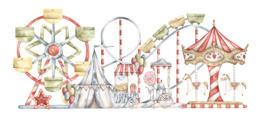 Amusement park. Watercolor hand-drawn illustration with carousel, ferris wheel, circus, roller coaster, popcorn cart, cotton candy cart and balloons. Cute theme park drawings for kids.  © Nellya Egorova