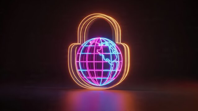 A vibrant, glowing padlock encircles a stylized globe, symbolizing cybersecurity and global digital protection.