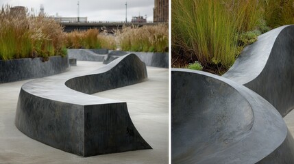 Concrete sculptural benches with undulating dark gray forms create a minimalist urban park composition, paired with drought tolerant ornamental grasses for serene public seating