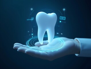 Gloved Hand Holding Floating Tooth Hologram in Futuristic Dental Interface