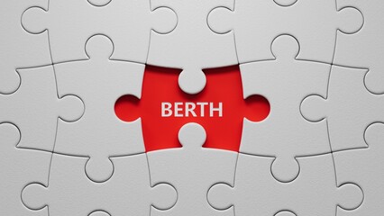 Word berth. Wooden small puzzle pieces with missing pieces with letters with copy space available.close up of puzzle pieces with missing pieces,Business Concept.3D rendering.