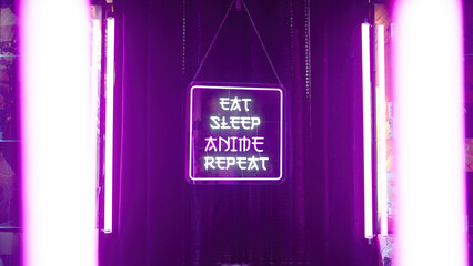 Neon sign Eat Sleep Anime Repeat between neon tubes on black background and smoke