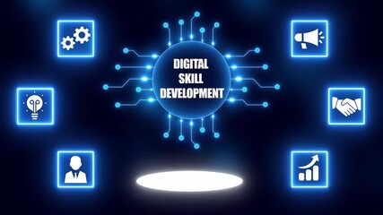 Digital skill development concept with central hub and surrounding icons on dark blue background learning