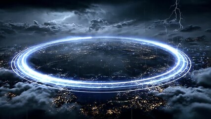 Futuristic glowing ring over night city, storm clouds, and lightning - Powered by Adobe