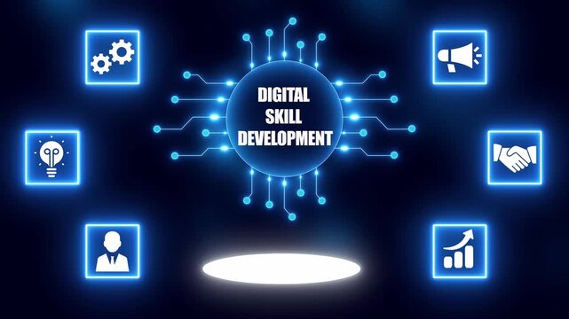 Digital skill development concept with central hub and surrounding icons on dark blue background learning