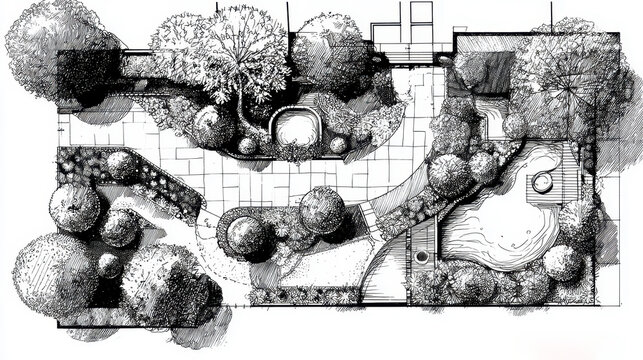 Overhead view illustrating a comprehensive garden plan with diverse plant elements, paving, and architectural features, providing a detailed visualization for landscape design projects