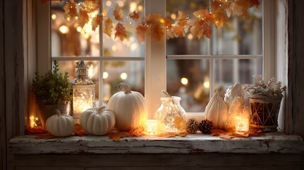 Obraz premium Warm glowing illumination adorns a rustic window sill decorated with white gourds and autumn foliage